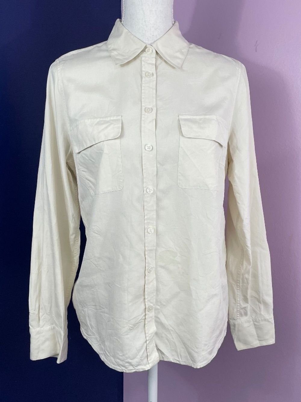 100% Silk Button-up Blouse Petite M PM Cream Ivory Crepe de Chine Long Sleeve